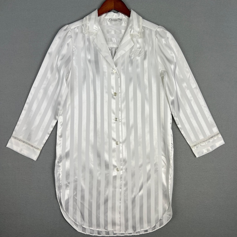 VTG Christian Dior Lingerie Sleep Shirt M Petite Satin Stripe‎ Pajama Top Lace
